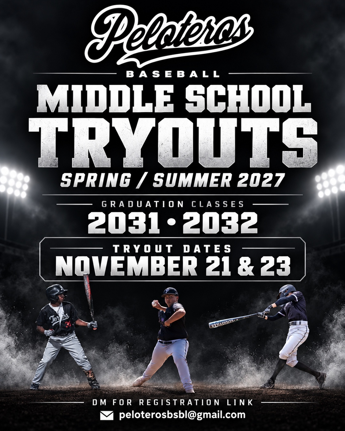 Middle school spring and summer 2027 tryouts, graduation classes 2031 and 2032, November 21 and 23