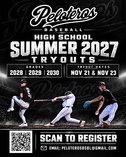 Peloteros high school summer 2027 tryouts announcement for graduation years 2028, 2029, and 2030